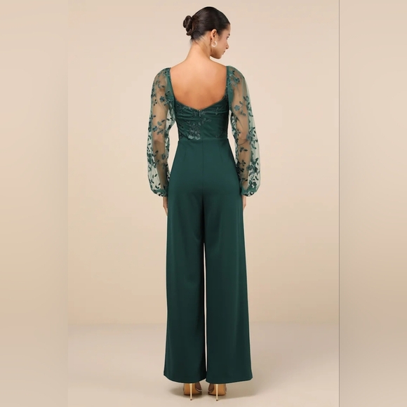 Lulus Darling Charisma Emerald Mesh Embroidered Jumpsuit M Wedding Party Evening - Picture 5 of 10